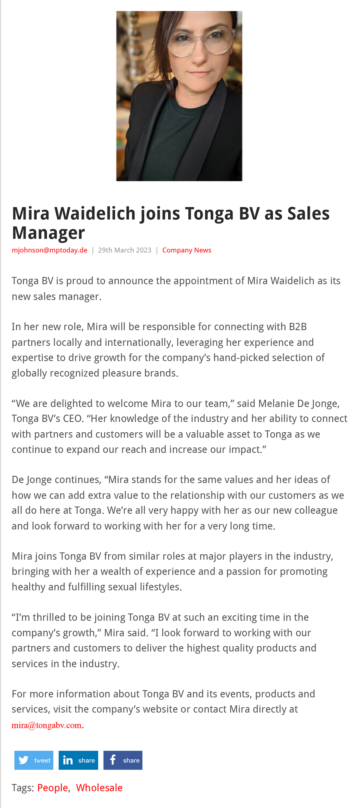 2023-03 EAN Online - Mira Waidelich joins Tonga BV as Sales Manager